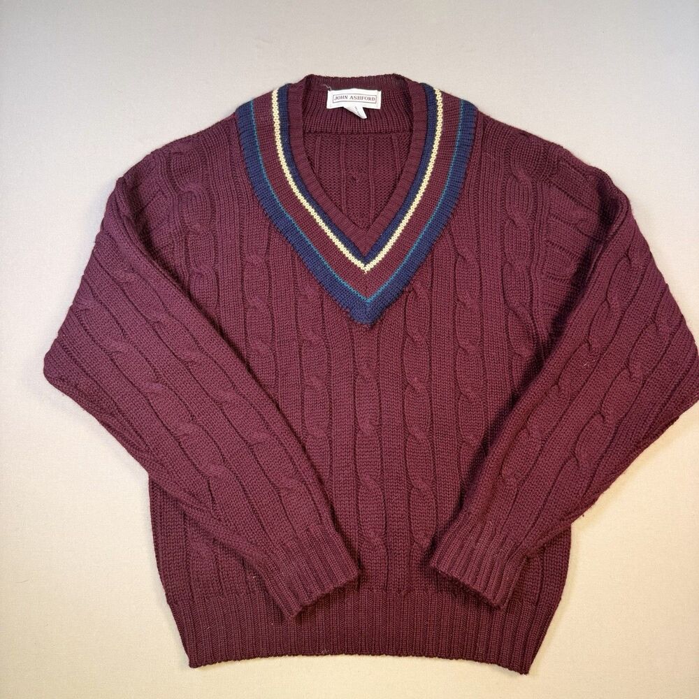 John Ashford 100% Wool Cable Knit Sweater Mens L Burgundy Varsity V Neck Preppy